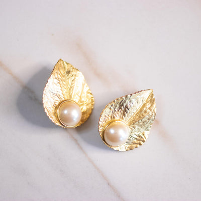 Vintage Richellieu Gold Leaf with Faux Pearl Statement Earrings by Richellieu - Vintage Meet Modern Vintage Jewelry - Chicago, Illinois - #oldhollywoodglamour #vintagemeetmodern #designervintage #jewelrybox #antiquejewelry #vintagejewelry