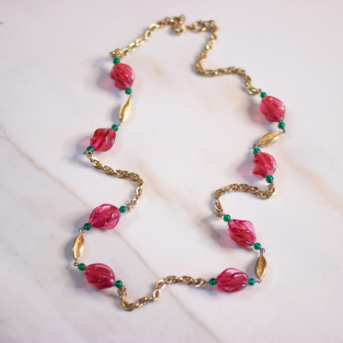 Vintage Gold Chain Necklace with Pink and Green Art Glass Beads