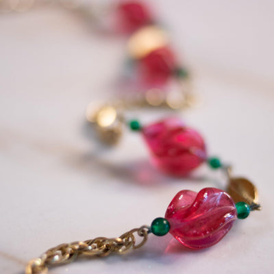 Vintage Gold Chain Necklace with Pink and Green Art Glass Beads by Unsigned Beauty - Vintage Meet Modern Vintage Jewelry - Chicago, Illinois - #oldhollywoodglamour #vintagemeetmodern #designervintage #jewelrybox #antiquejewelry #vintagejewelry