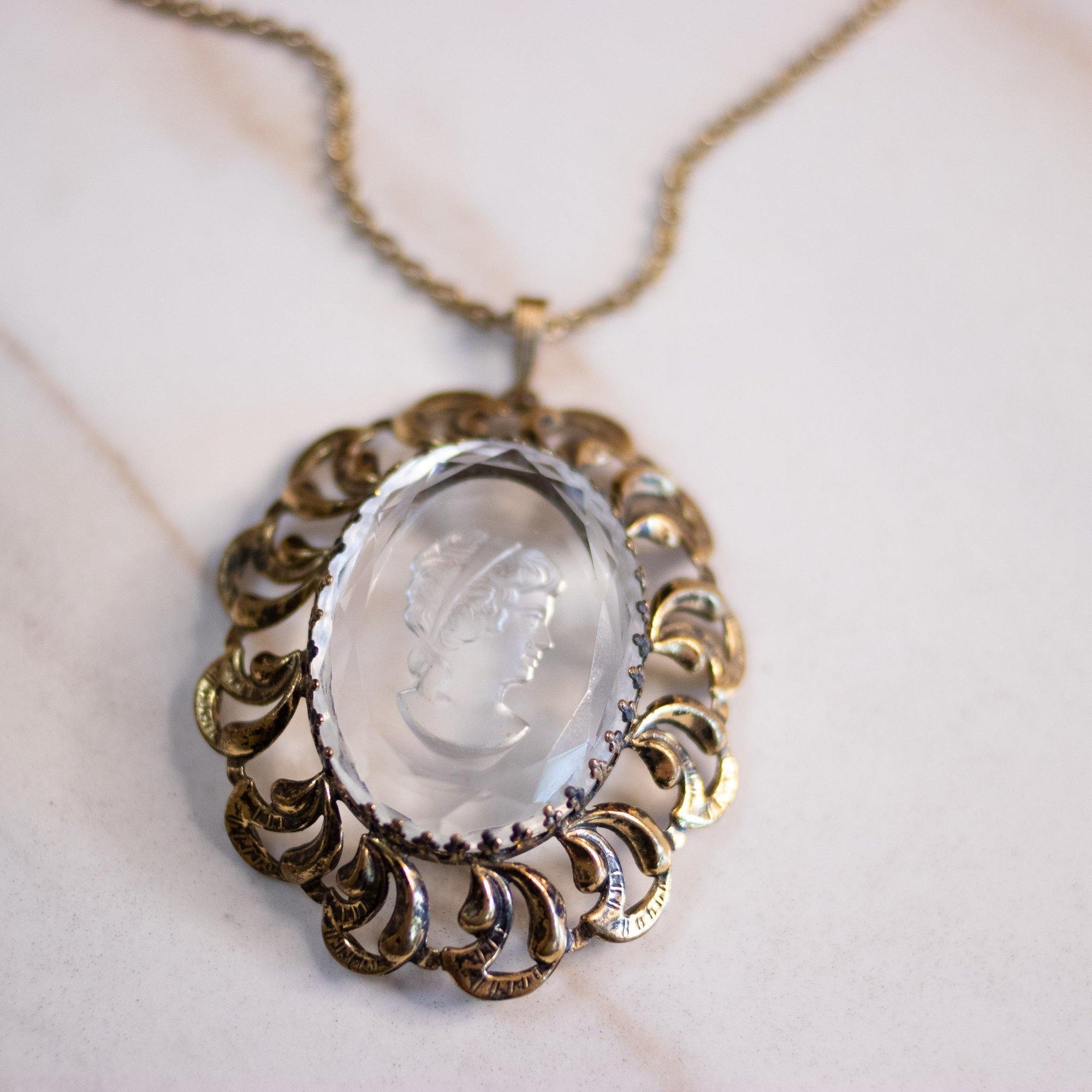 Vintage Victorian Revival Etched Crystal Cameo Pendant Statement Necklace by West Germany - Vintage Meet Modern Vintage Jewelry - Chicago, Illinois - #oldhollywoodglamour #vintagemeetmodern #designervintage #jewelrybox #antiquejewelry #vintagejewelry