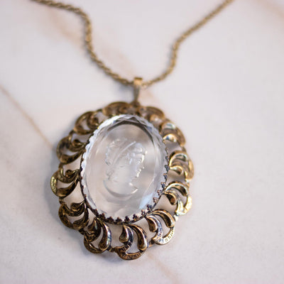 Vintage Victorian Revival Etched Crystal Cameo Pendant Statement Necklace by West Germany - Vintage Meet Modern Vintage Jewelry - Chicago, Illinois - #oldhollywoodglamour #vintagemeetmodern #designervintage #jewelrybox #antiquejewelry #vintagejewelry