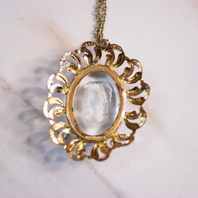 Vintage Victorian Revival Etched Crystal Cameo Pendant Statement Necklace by West Germany - Vintage Meet Modern Vintage Jewelry - Chicago, Illinois - #oldhollywoodglamour #vintagemeetmodern #designervintage #jewelrybox #antiquejewelry #vintagejewelry