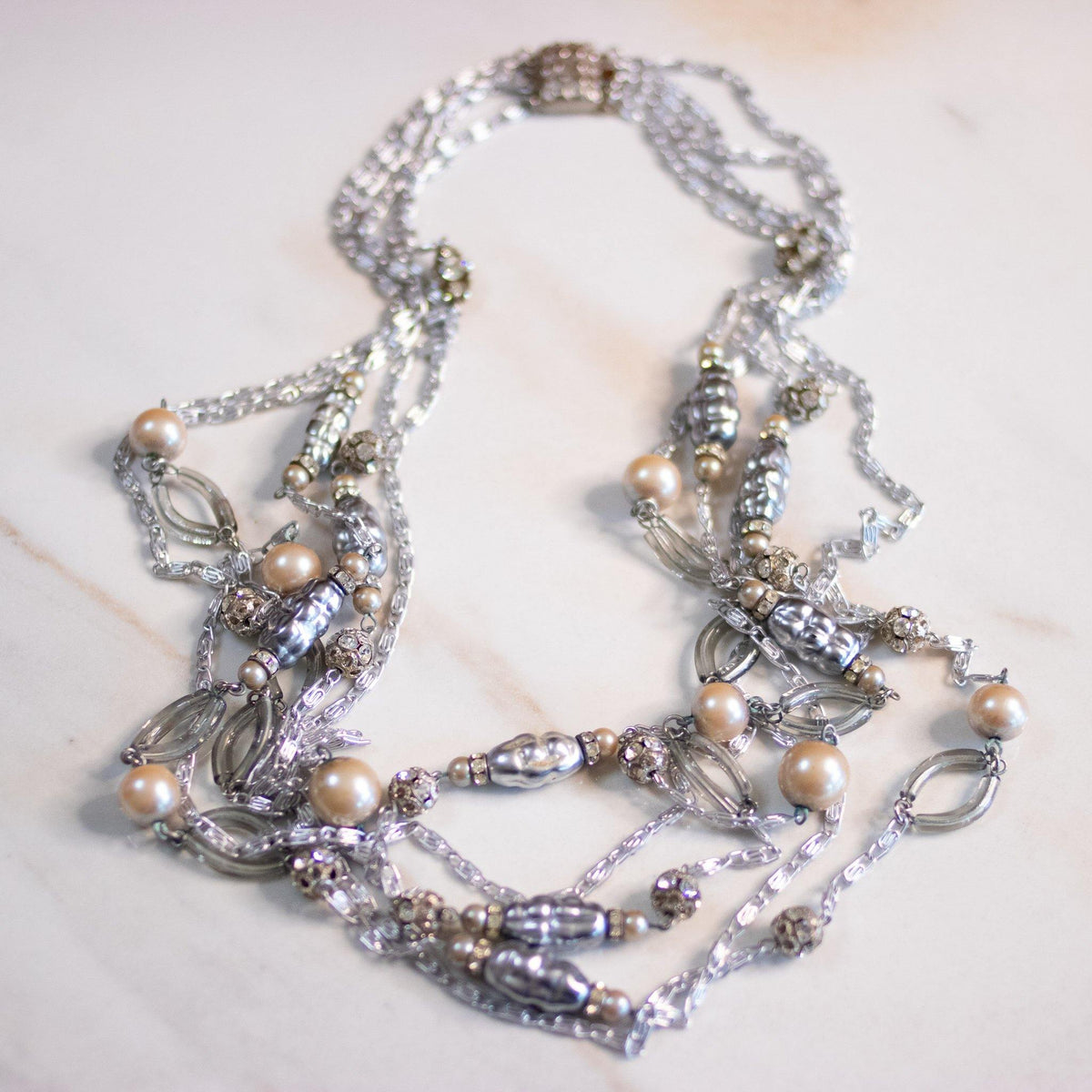 Vintage Multi Strand Silver Chain Necklace with Art Glass and Faux Pearls