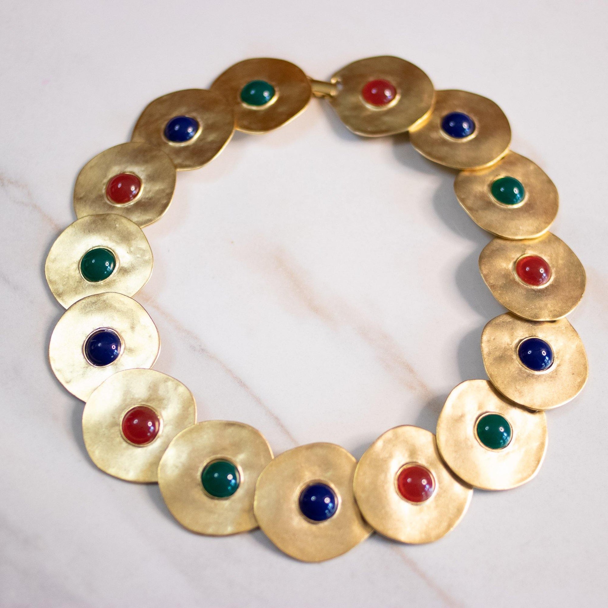 Vintage Gold Disc Statement Necklace with Lapis, Jade, Carnelian Cabochons by Unsigned Beauty - Vintage Meet Modern Vintage Jewelry - Chicago, Illinois - #oldhollywoodglamour #vintagemeetmodern #designervintage #jewelrybox #antiquejewelry #vintagejewelry