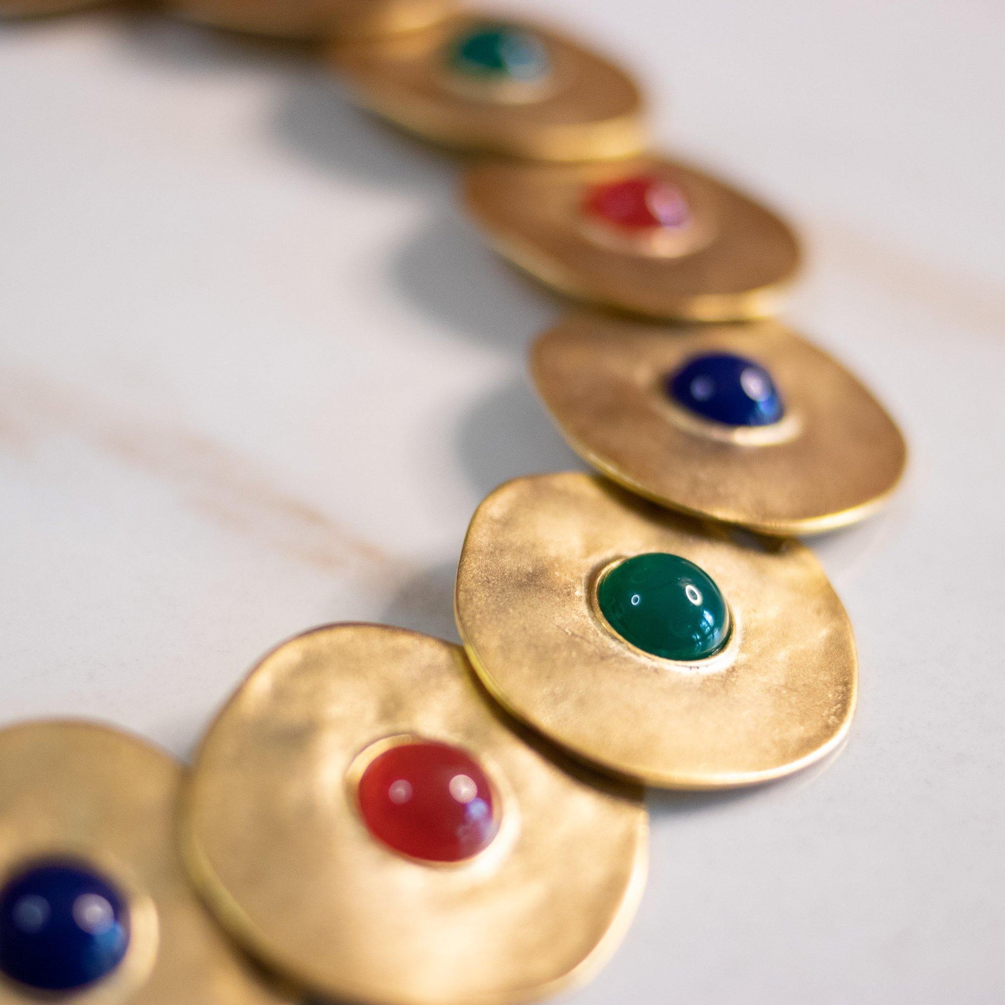 Vintage Gold Disc Statement Necklace with Lapis, Jade, Carnelian Cabochons by Unsigned Beauty - Vintage Meet Modern Vintage Jewelry - Chicago, Illinois - #oldhollywoodglamour #vintagemeetmodern #designervintage #jewelrybox #antiquejewelry #vintagejewelry