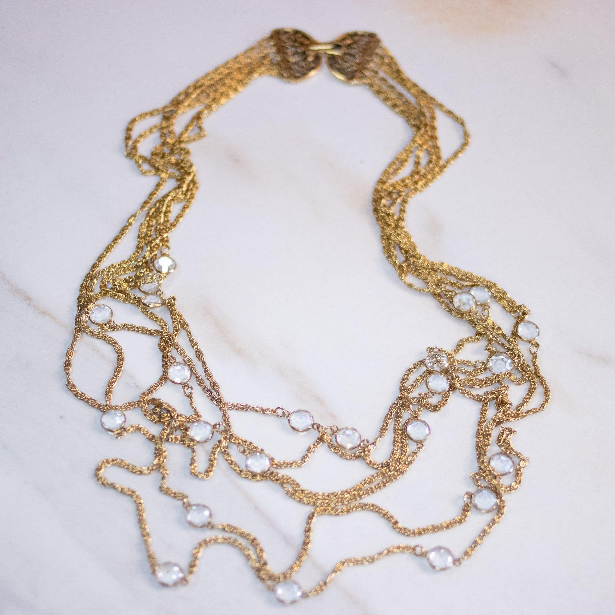 Vintage Multi Strand Gold Chain Necklace with Bezel Set Crystals by Goldette - Vintage Meet Modern Vintage Jewelry - Chicago, Illinois - #oldhollywoodglamour #vintagemeetmodern #designervintage #jewelrybox #antiquejewelry #vintagejewelry