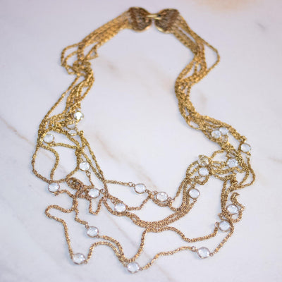 Vintage Multi Strand Gold Chain Necklace with Bezel Set Crystals by Goldette - Vintage Meet Modern Vintage Jewelry - Chicago, Illinois - #oldhollywoodglamour #vintagemeetmodern #designervintage #jewelrybox #antiquejewelry #vintagejewelry