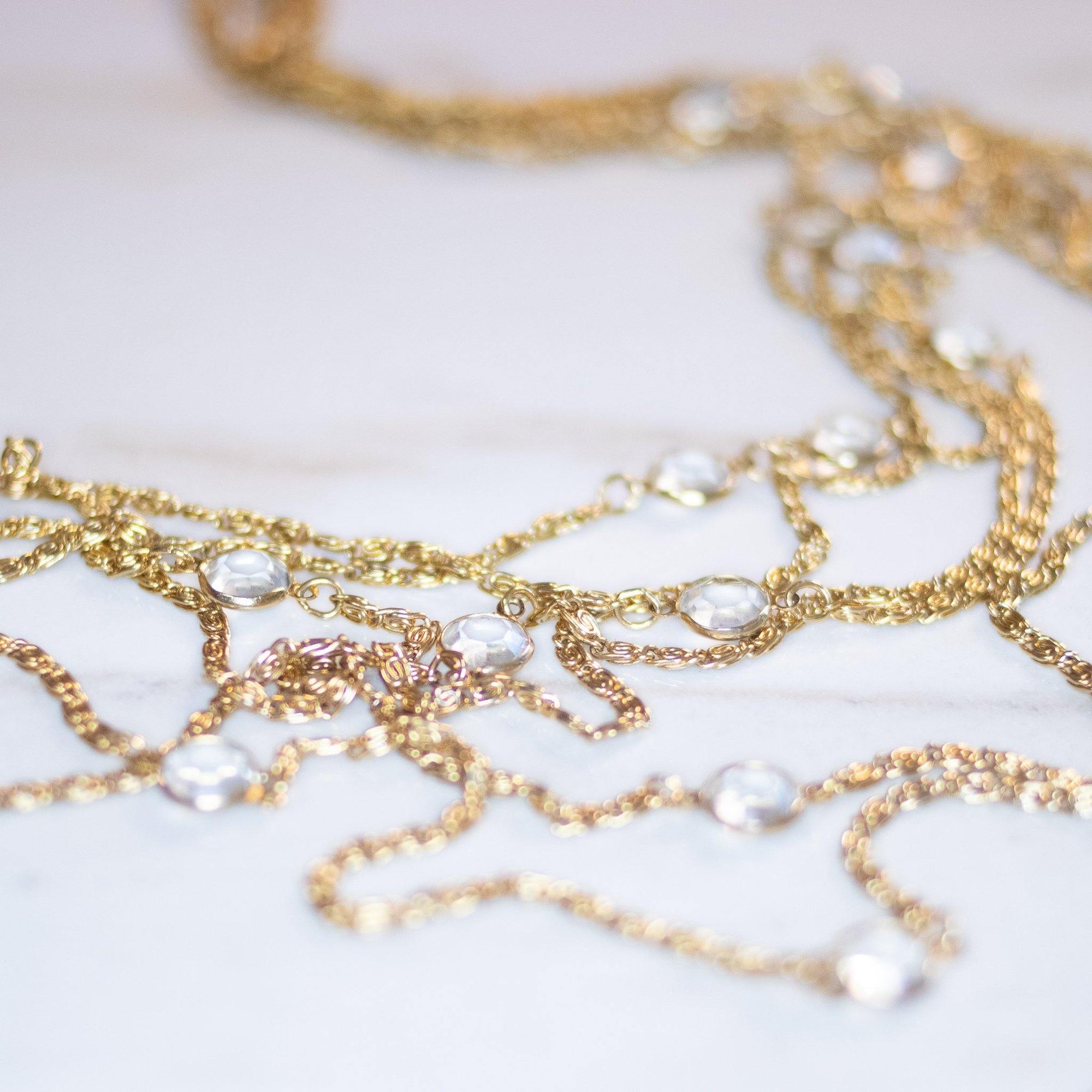 Vintage Multi Strand Gold Chain Necklace with Bezel Set Crystals by Goldette - Vintage Meet Modern Vintage Jewelry - Chicago, Illinois - #oldhollywoodglamour #vintagemeetmodern #designervintage #jewelrybox #antiquejewelry #vintagejewelry