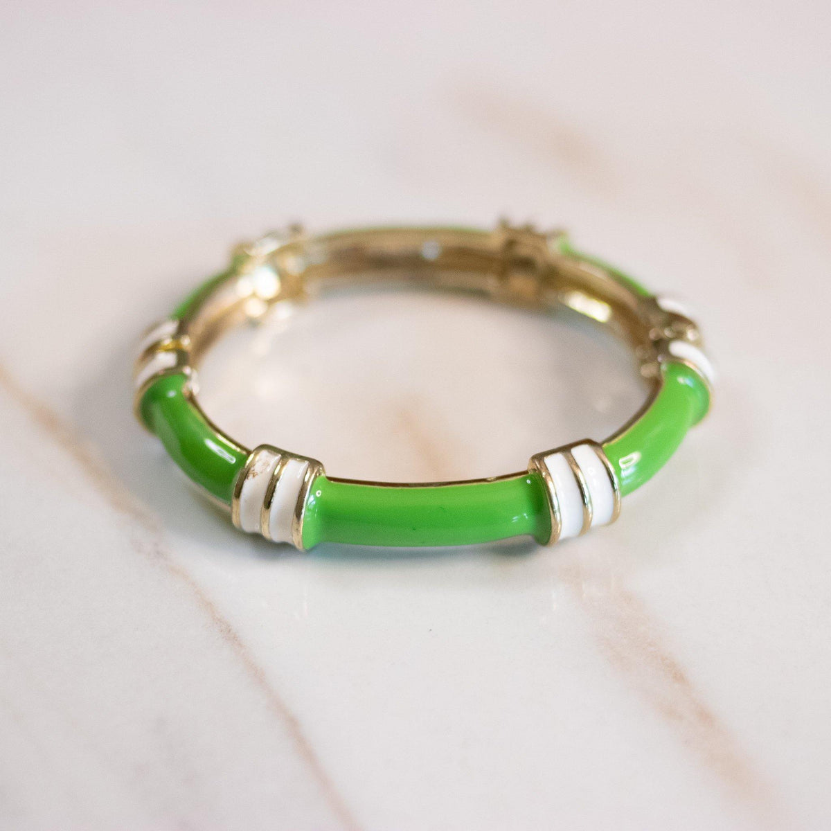 Vintage Fornash Green and White Enamel Bangle Bracelet with Hinge