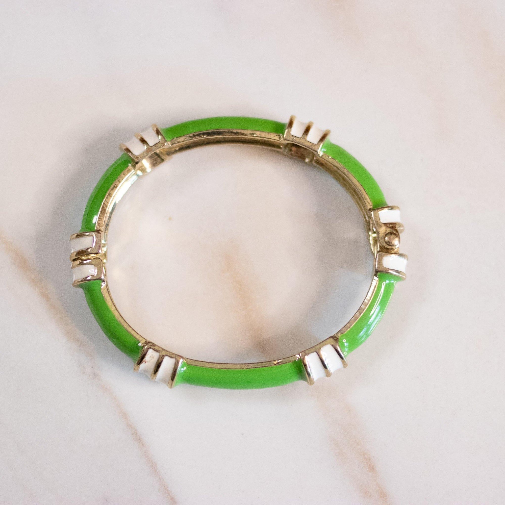 Vintage Fornash Green and White Enamel Bangle Bracelet with Hinge by Fornash - Vintage Meet Modern Vintage Jewelry - Chicago, Illinois - #oldhollywoodglamour #vintagemeetmodern #designervintage #jewelrybox #antiquejewelry #vintagejewelry