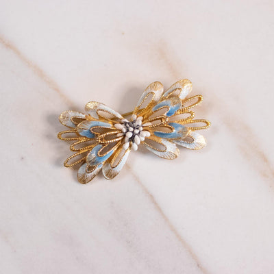 Vintage Florenza Mid Century Modern Bow Brooch with Light Blue Enamel and White Beads by Florenza - Vintage Meet Modern Vintage Jewelry - Chicago, Illinois - #oldhollywoodglamour #vintagemeetmodern #designervintage #jewelrybox #antiquejewelry #vintagejewelry