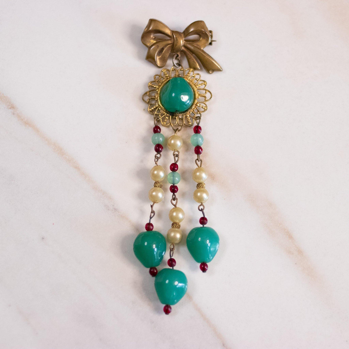Vintage Gilt Gold Brooch with Faux Pearls and Jade Glass Dangles