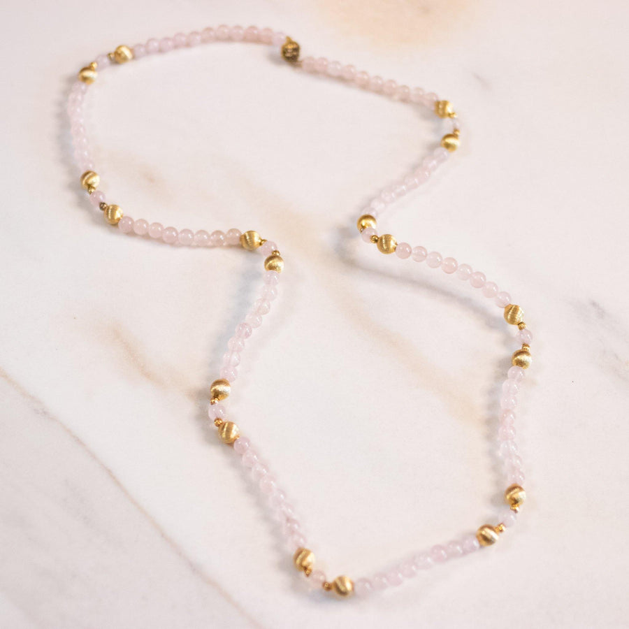 Vintage Rose Quartz and Gold Bead Necklace by Unsigned Beauty - Vintage Meet Modern Vintage Jewelry - Chicago, Illinois - #oldhollywoodglamour #vintagemeetmodern #designervintage #jewelrybox #antiquejewelry #vintagejewelry