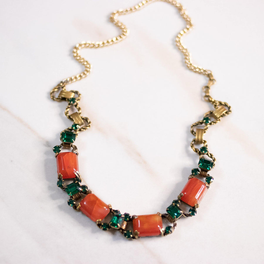 Vintage Genuine Carnelian and Emerald Crystal Necklace by Unsigned Beauty - Vintage Meet Modern Vintage Jewelry - Chicago, Illinois - #oldhollywoodglamour #vintagemeetmodern #designervintage #jewelrybox #antiquejewelry #vintagejewelry