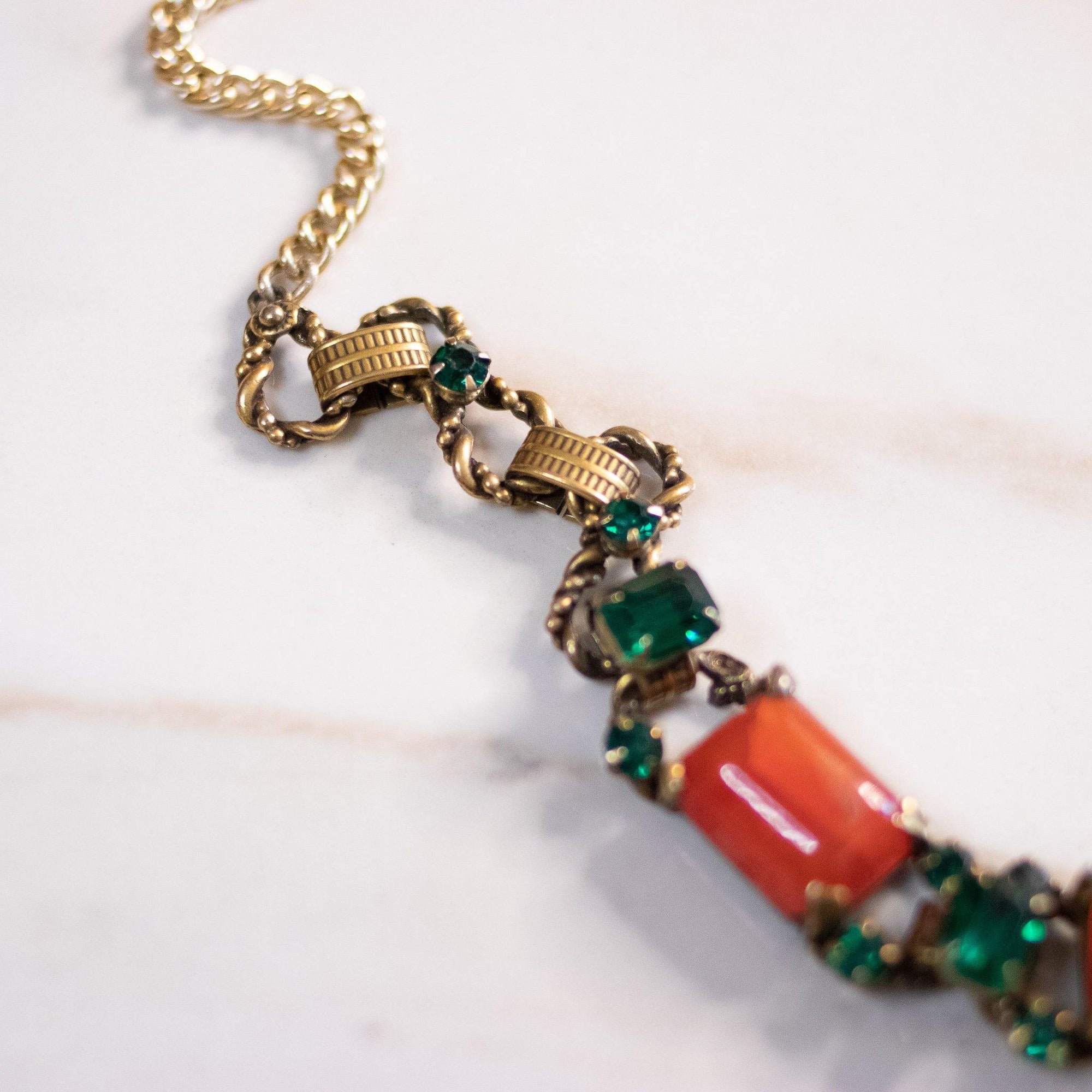Vintage Genuine Carnelian and Emerald Crystal Necklace by Unsigned Beauty - Vintage Meet Modern Vintage Jewelry - Chicago, Illinois - #oldhollywoodglamour #vintagemeetmodern #designervintage #jewelrybox #antiquejewelry #vintagejewelry