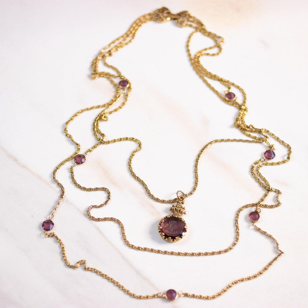 Vintage Goldette Triple Strand Statement Necklace with Amethyst Bezel Set Crystal and Intaglio Cameo