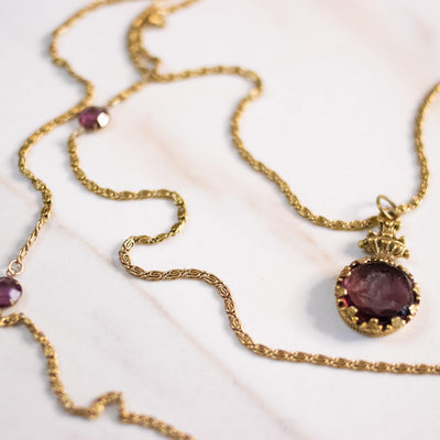 Vintage Goldette Triple Strand Statement Necklace with Amethyst Bezel Set Crystal and Intaglio Cameo by Goldette - Vintage Meet Modern Vintage Jewelry - Chicago, Illinois - #oldhollywoodglamour #vintagemeetmodern #designervintage #jewelrybox #antiquejewelry #vintagejewelry