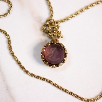 Vintage Goldette Triple Strand Statement Necklace with Amethyst Bezel Set Crystal and Intaglio Cameo by Goldette - Vintage Meet Modern Vintage Jewelry - Chicago, Illinois - #oldhollywoodglamour #vintagemeetmodern #designervintage #jewelrybox #antiquejewelry #vintagejewelry