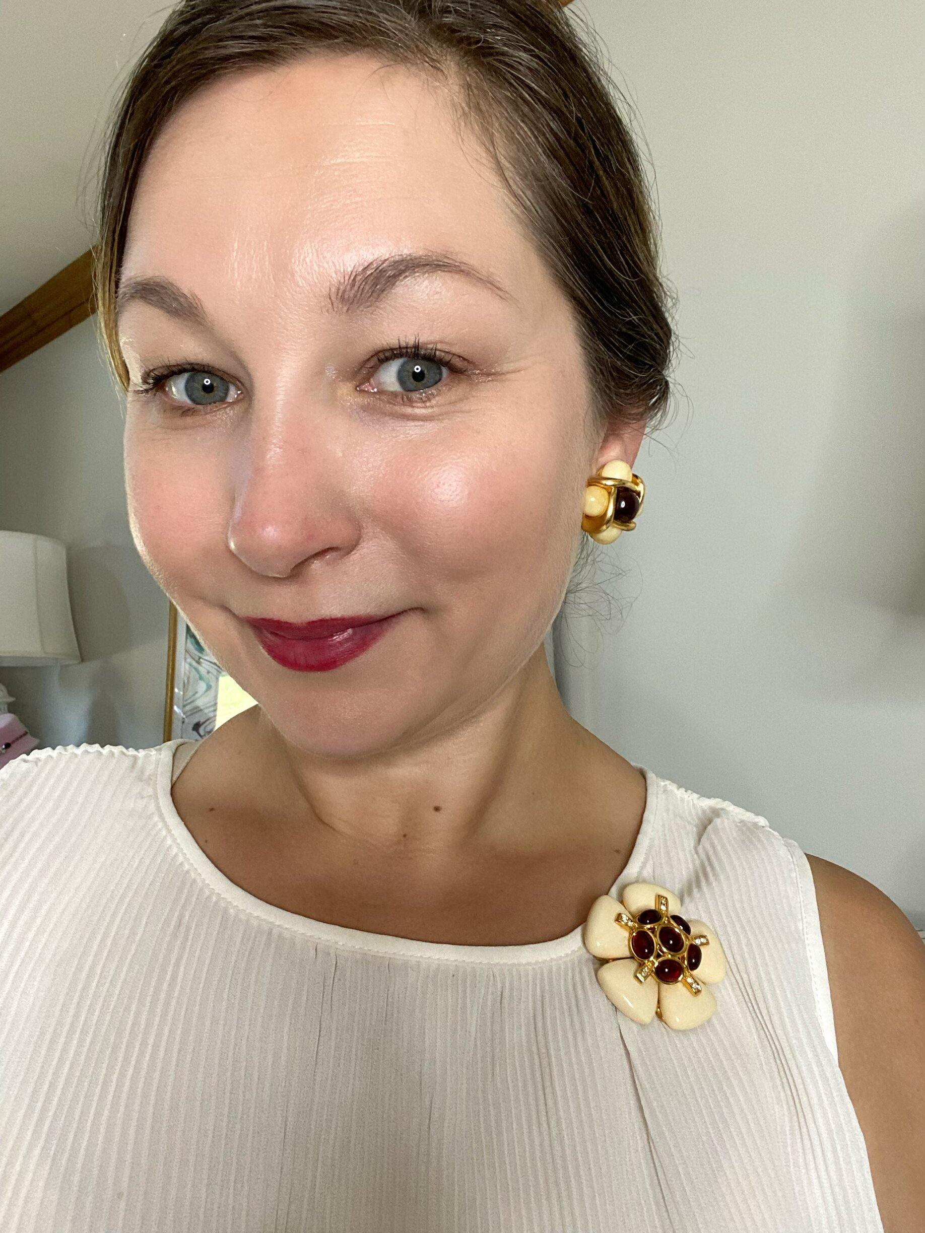 Joan Rivers Cream Flower Brooch with Garnet Lucite Cabochons by Joan Rivers - Vintage Meet Modern Vintage Jewelry - Chicago, Illinois - #oldhollywoodglamour #vintagemeetmodern #designervintage #jewelrybox #antiquejewelry #vintagejewelry