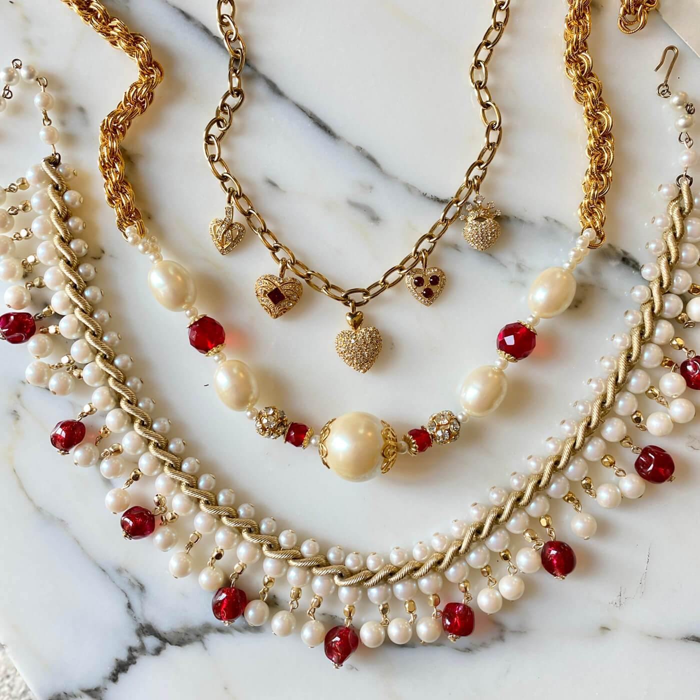 Vintage Catherine Stein Pearl and Ruby Crystal Necklace by Catherine Stein - Vintage Meet Modern Vintage Jewelry - Chicago, Illinois - #oldhollywoodglamour #vintagemeetmodern #designervintage #jewelrybox #antiquejewelry #vintagejewelry
