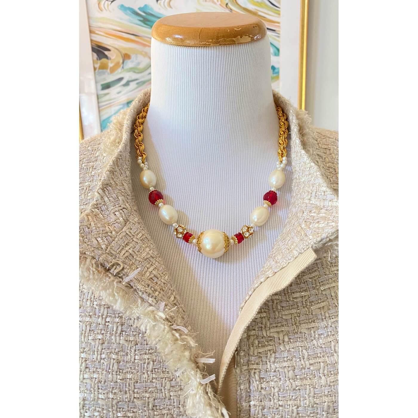Vintage Catherine Stein Pearl and Ruby Crystal Necklace by Catherine Stein - Vintage Meet Modern Vintage Jewelry - Chicago, Illinois - #oldhollywoodglamour #vintagemeetmodern #designervintage #jewelrybox #antiquejewelry #vintagejewelry