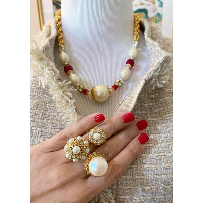 Vintage Catherine Stein Pearl and Ruby Crystal Necklace by Catherine Stein - Vintage Meet Modern Vintage Jewelry - Chicago, Illinois - #oldhollywoodglamour #vintagemeetmodern #designervintage #jewelrybox #antiquejewelry #vintagejewelry