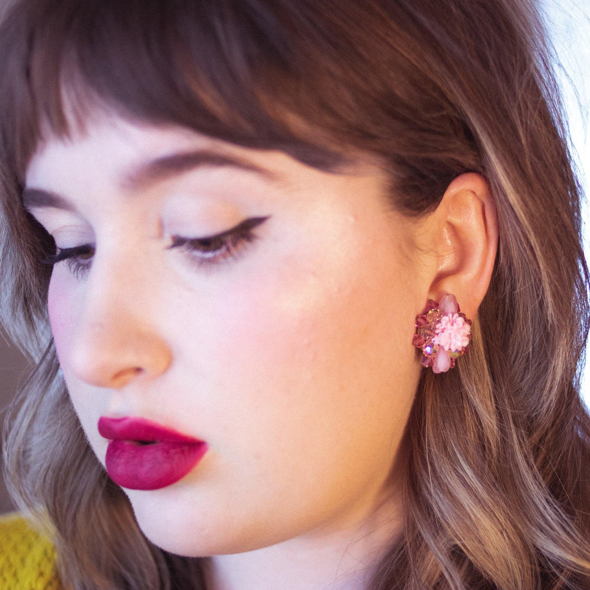Vintage Regency Pink Crystal Cluster Earrings by Regency - Vintage Meet Modern Vintage Jewelry - Chicago, Illinois - #oldhollywoodglamour #vintagemeetmodern #designervintage #jewelrybox #antiquejewelry #vintagejewelry