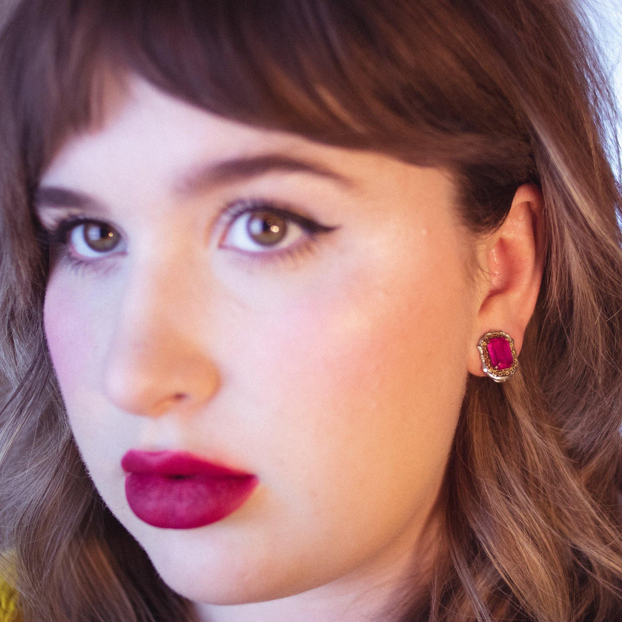 Pink Crystal, 18kt Gold, Sterling Silver Art Deco Era Earrings by unsigned - Vintage Meet Modern Vintage Jewelry - Chicago, Illinois - #oldhollywoodglamour #vintagemeetmodern #designervintage #jewelrybox #antiquejewelry #vintagejewelry