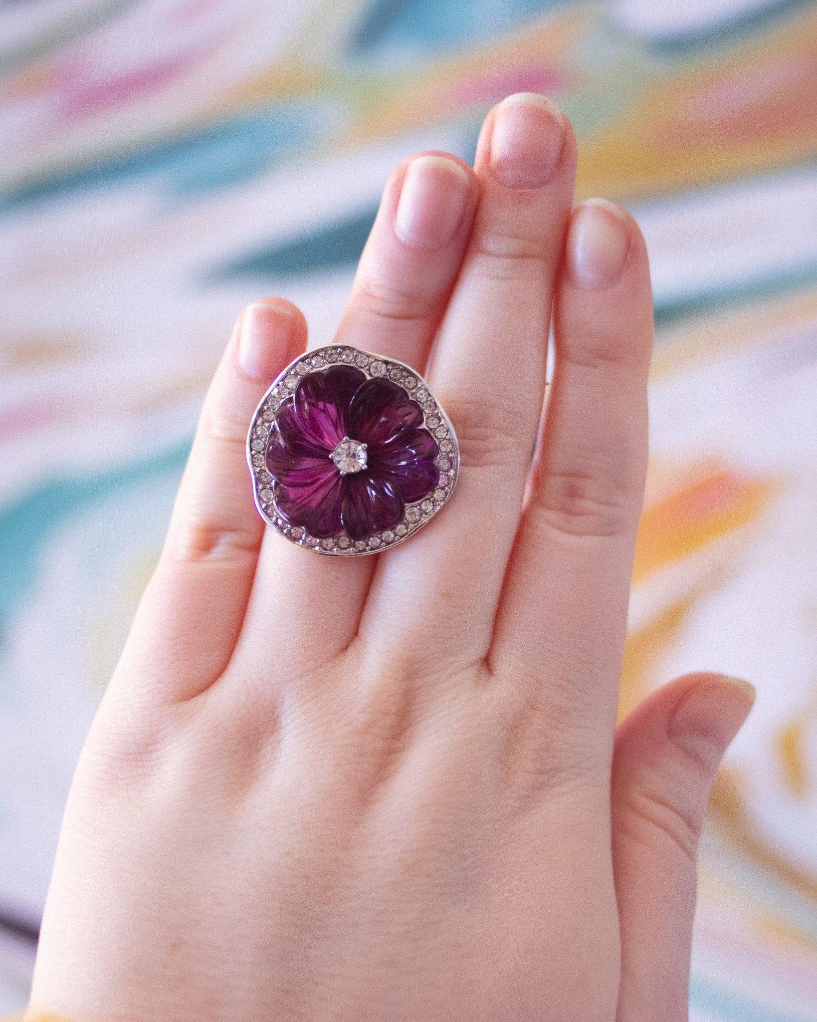 Vintage Kenneth Jay Lane Sparkling Purple Pansy Statement Ring with Pave Crystals by Kenneth Jay Lane - Vintage Meet Modern Vintage Jewelry - Chicago, Illinois - #oldhollywoodglamour #vintagemeetmodern #designervintage #jewelrybox #antiquejewelry #vintagejewelry
