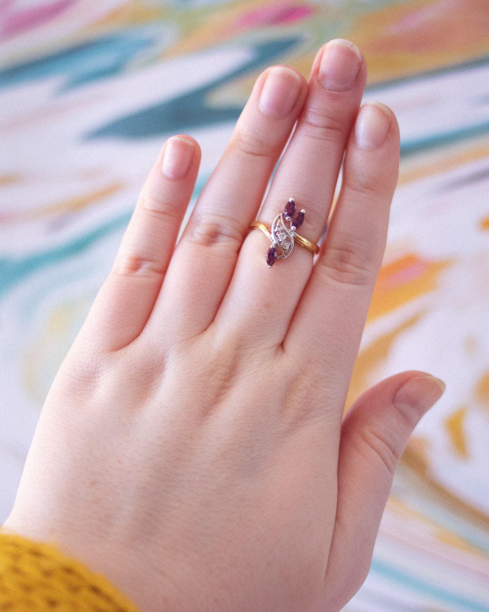 Amethyst and CZ Statement Ring, Gold Plated Marquise Cut Stones by Amethyst - Vintage Meet Modern Vintage Jewelry - Chicago, Illinois - #oldhollywoodglamour #vintagemeetmodern #designervintage #jewelrybox #antiquejewelry #vintagejewelry