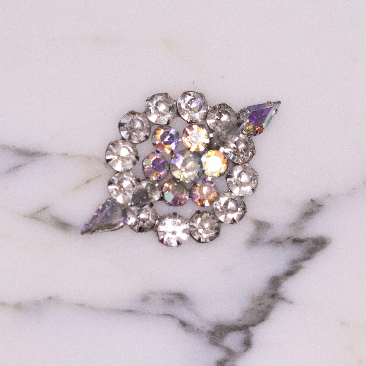 Vintage 1950s Diamante Crystals, Aurora Borealis Rhinestones Brooch, Silver Tone Setting, Brooches and Pins