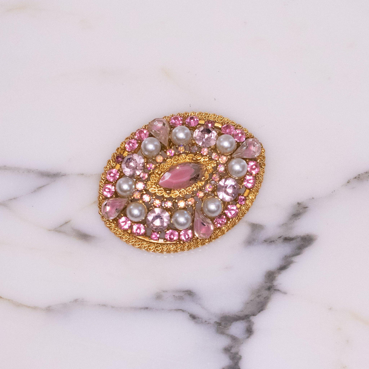 Vintage Art Mode Pink Crystal and Faux Pearl Gold Tone Brooch