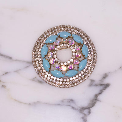 Vintage Monet Round Medallion Brooch with Turquoise Glass Cabochons and Aurora Borealis Rhinestones by Monet - Vintage Meet Modern Vintage Jewelry - Chicago, Illinois - #oldhollywoodglamour #vintagemeetmodern #designervintage #jewelrybox #antiquejewelry #vintagejewelry