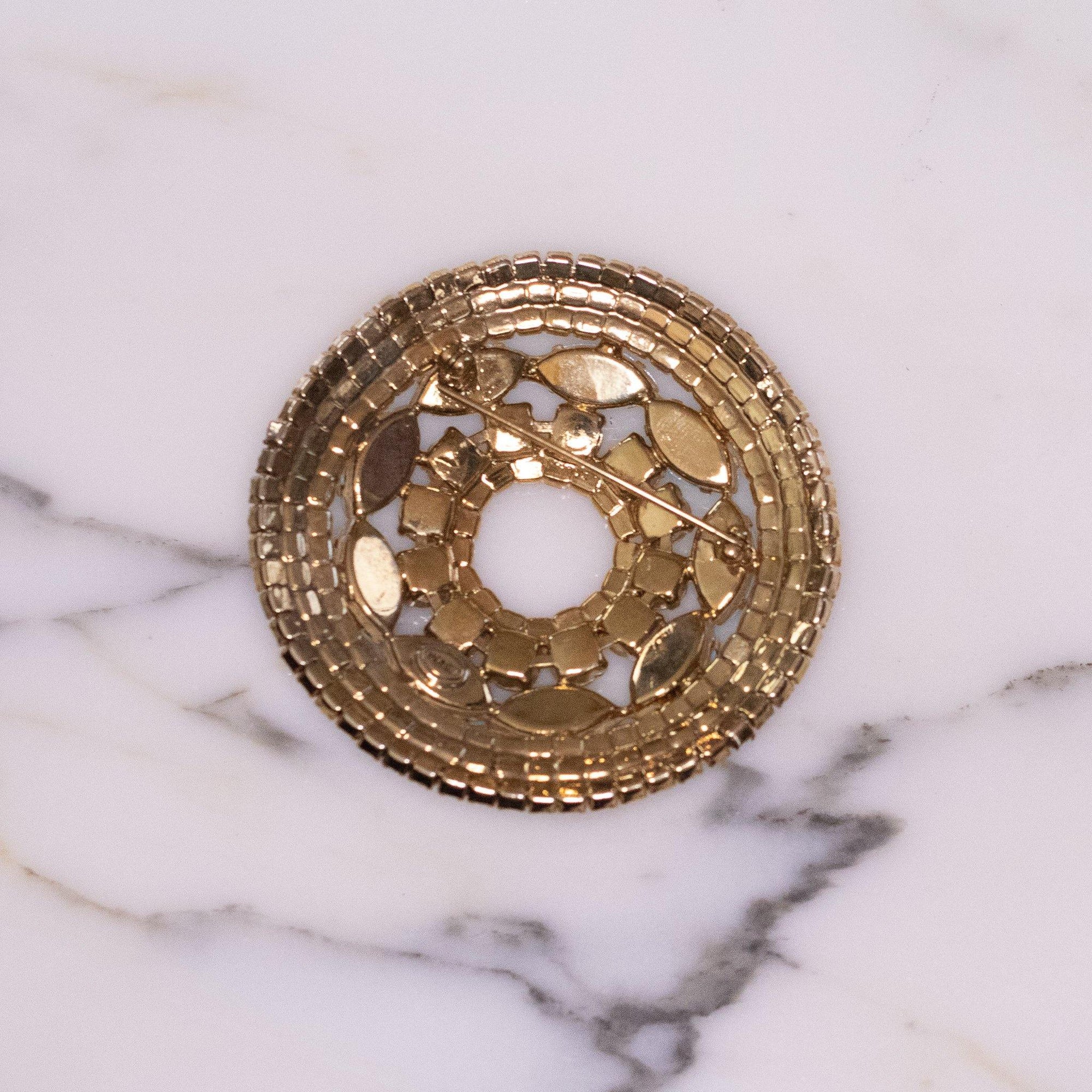 Vintage Monet Round Medallion Brooch with Turquoise Glass Cabochons and Aurora Borealis Rhinestones by Monet - Vintage Meet Modern Vintage Jewelry - Chicago, Illinois - #oldhollywoodglamour #vintagemeetmodern #designervintage #jewelrybox #antiquejewelry #vintagejewelry