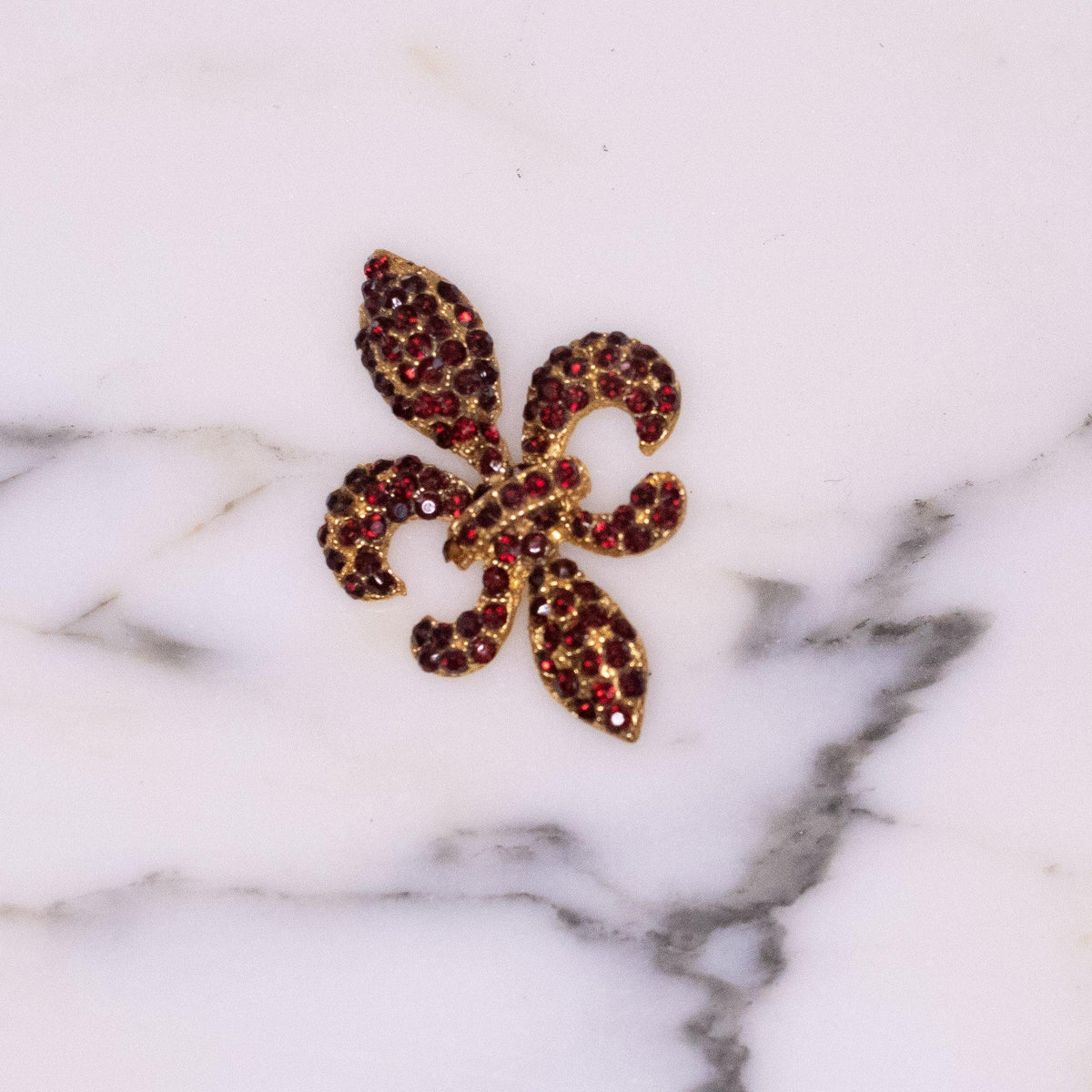 Vintage Red Rhinestone Fleur de Lis Brooch