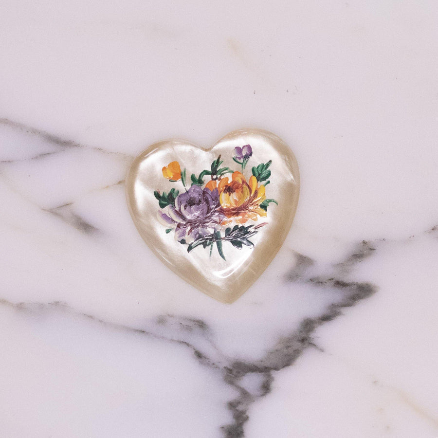 Vintage Heart Shaped White Moonglow Lucite Plastic with Floral Design Vintage Brooch by Mid Century Modern - Vintage Meet Modern Vintage Jewelry - Chicago, Illinois - #oldhollywoodglamour #vintagemeetmodern #designervintage #jewelrybox #antiquejewelry #vintagejewelry