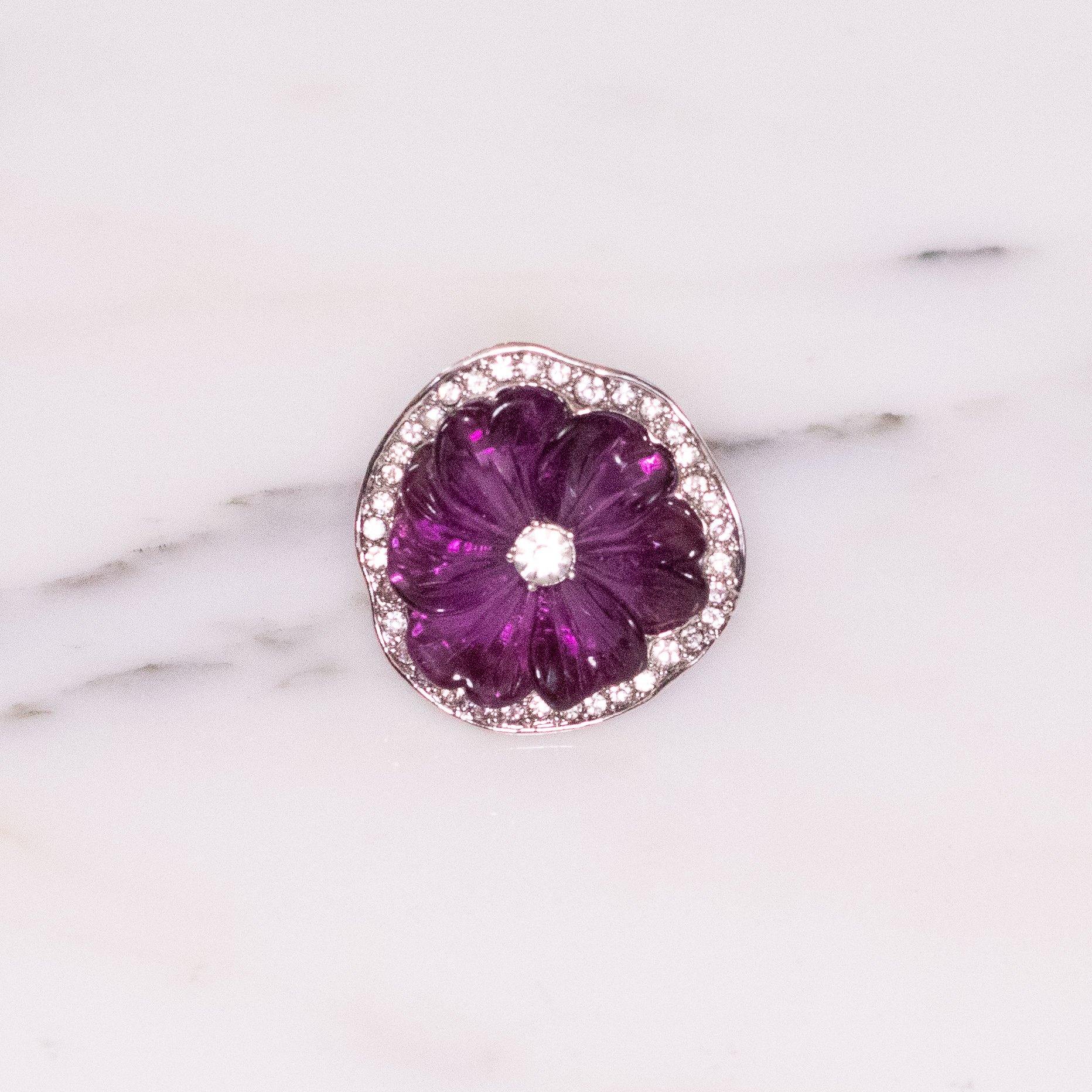 Vintage Kenneth Jay Lane Sparkling Purple Pansy Statement Ring with Pave Crystals by Kenneth Jay Lane - Vintage Meet Modern Vintage Jewelry - Chicago, Illinois - #oldhollywoodglamour #vintagemeetmodern #designervintage #jewelrybox #antiquejewelry #vintagejewelry
