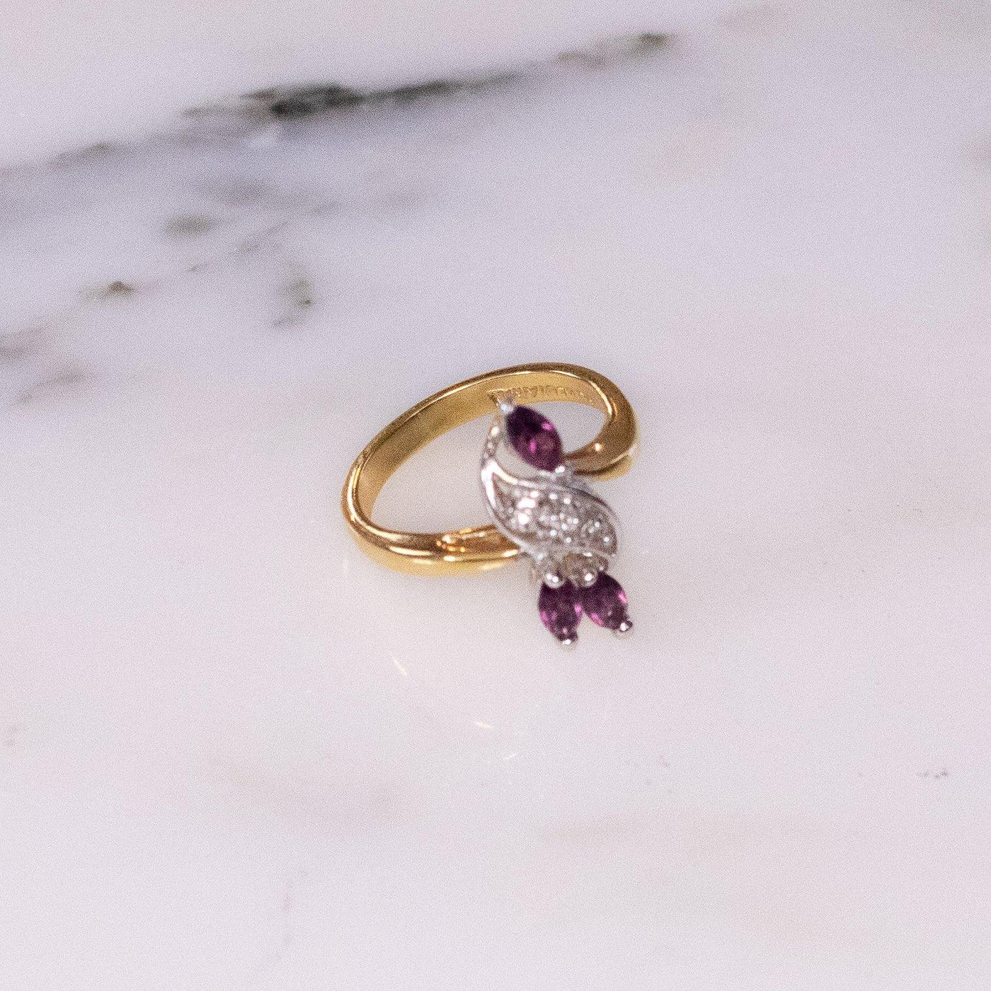 Amethyst and CZ Statement Ring, Gold Plated Marquise Cut Stones