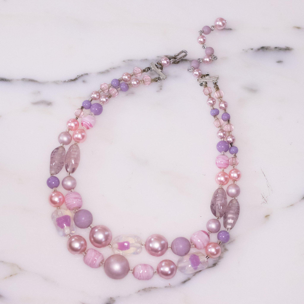 Vintage 1950s Pink and Purple Double Strand Beaded Necklace