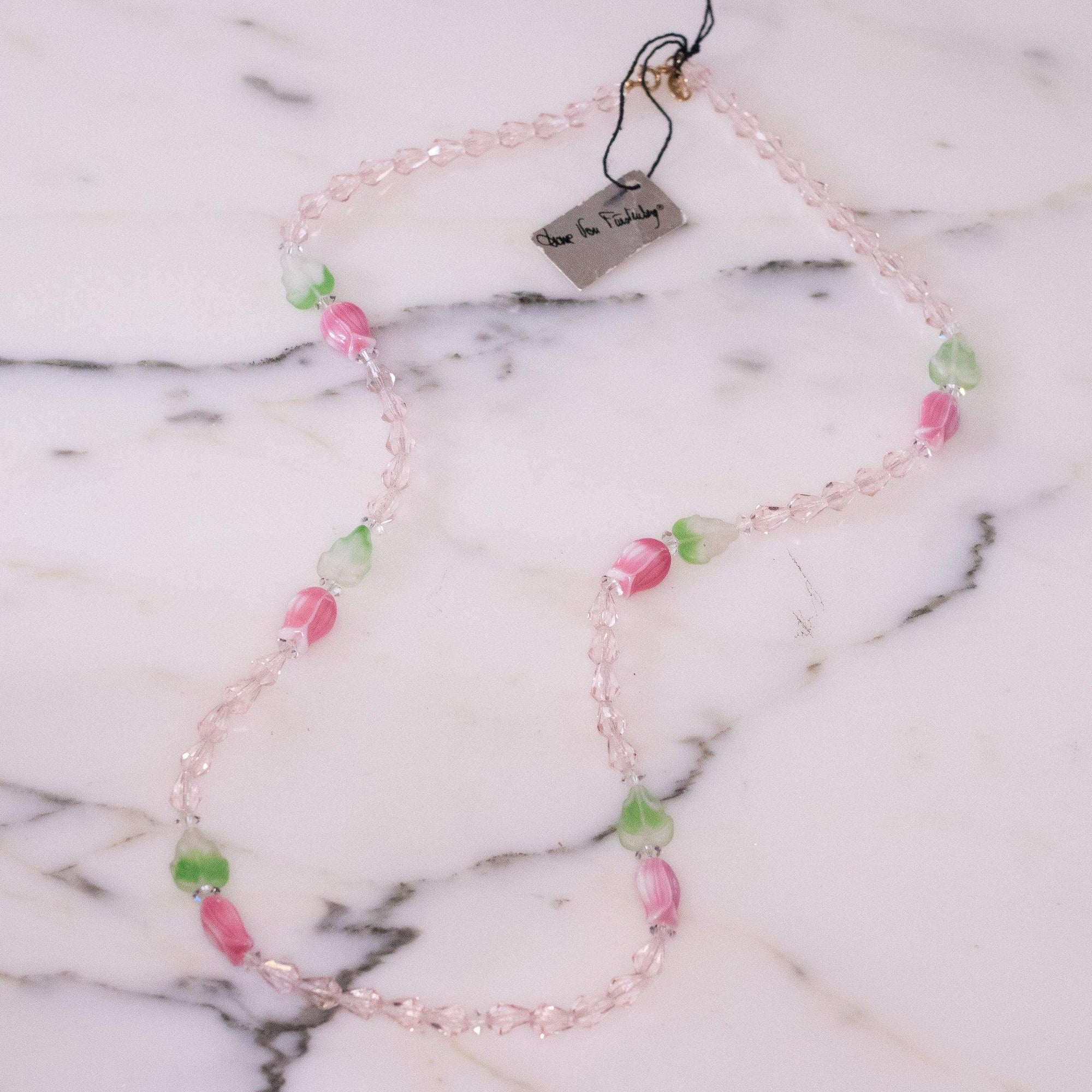 Diane von Furstenberg Pink Crystal, Pink Tulip, Green Leave Beaded Necklace, DVF, Designer Vintage Jewelry, 1970s by Diane von Furstenberg - Vintage Meet Modern Vintage Jewelry - Chicago, Illinois - #oldhollywoodglamour #vintagemeetmodern #designervintage #jewelrybox #antiquejewelry #vintagejewelry