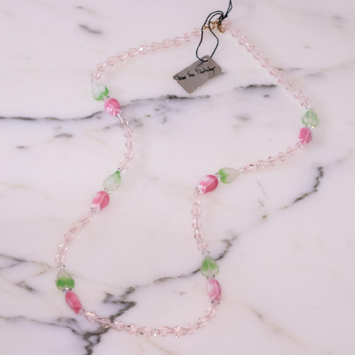 Diane von Furstenberg Pink Crystal, Pink Tulip, Green Leave Beaded Necklace, DVF, Designer Vintage Jewelry, 1970s