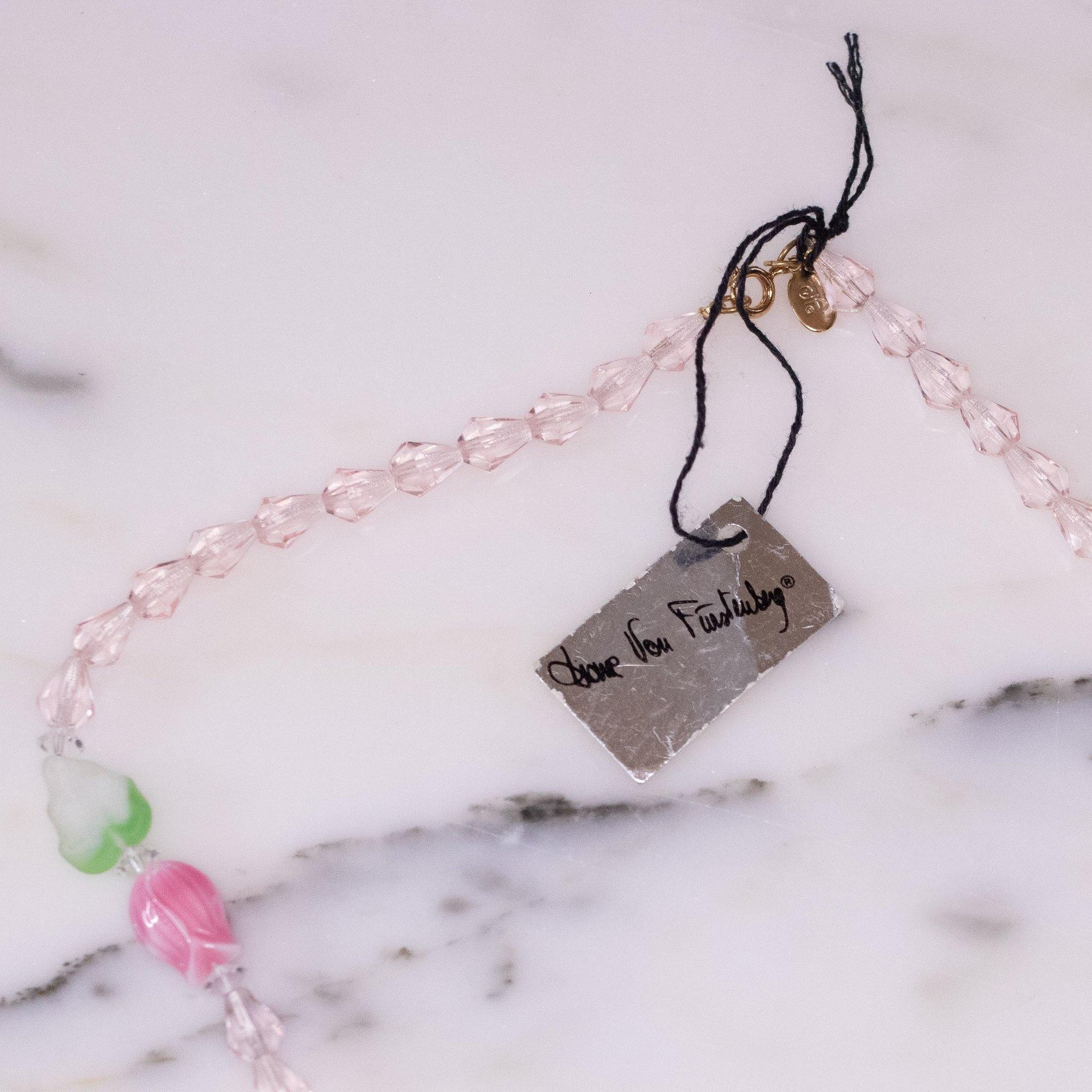 Diane von Furstenberg Pink Crystal, Pink Tulip, Green Leave Beaded Necklace, DVF, Designer Vintage Jewelry, 1970s by Diane von Furstenberg - Vintage Meet Modern Vintage Jewelry - Chicago, Illinois - #oldhollywoodglamour #vintagemeetmodern #designervintage #jewelrybox #antiquejewelry #vintagejewelry