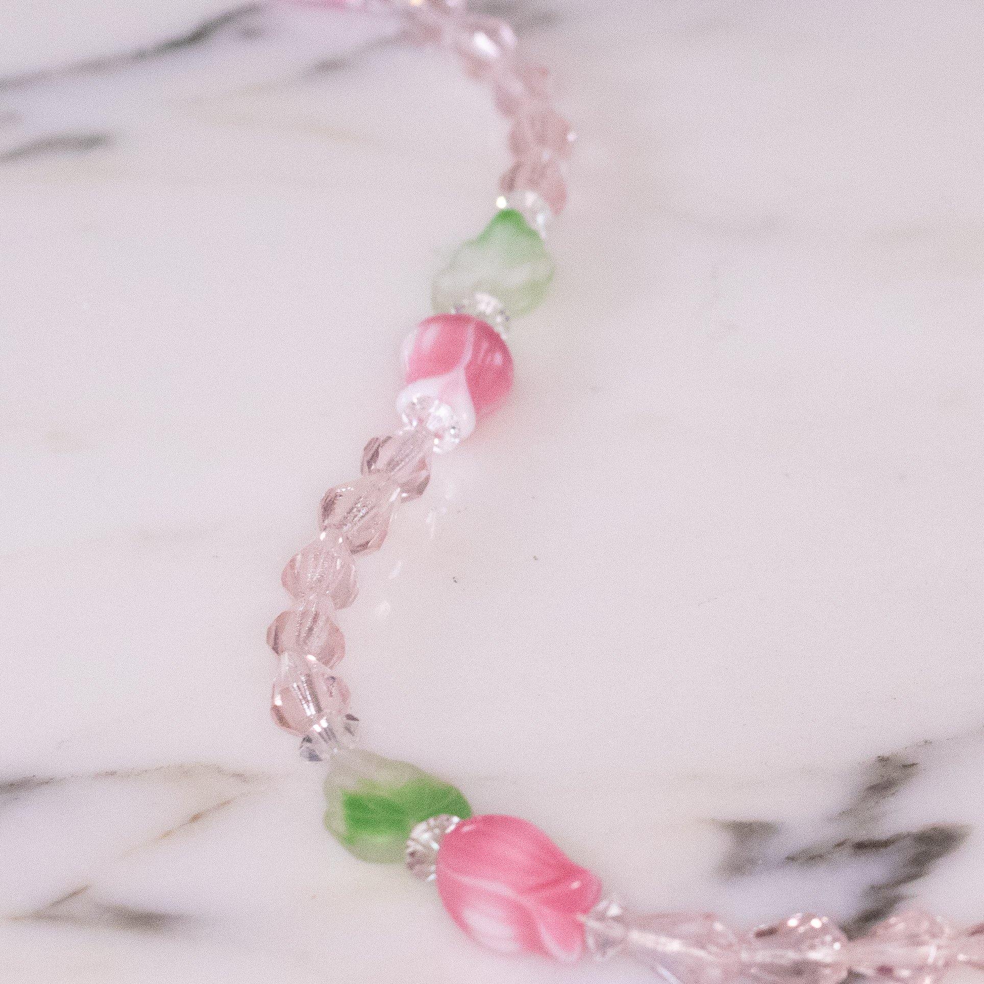 Diane von Furstenberg Pink Crystal, Pink Tulip, Green Leave Beaded Necklace, DVF, Designer Vintage Jewelry, 1970s by Diane von Furstenberg - Vintage Meet Modern Vintage Jewelry - Chicago, Illinois - #oldhollywoodglamour #vintagemeetmodern #designervintage #jewelrybox #antiquejewelry #vintagejewelry