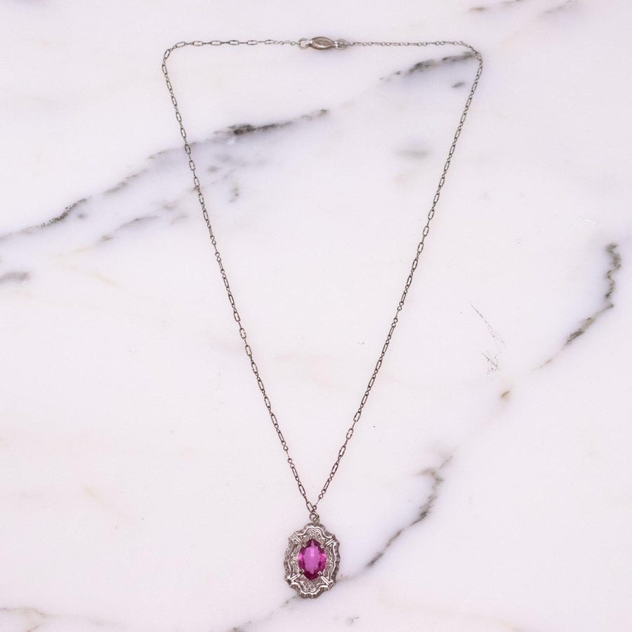 Vintage Sterling Silver Art Deco Vintage Necklace with Pink Crystal with Filigree Setting by Hallmarked Sterling - Vintage Meet Modern Vintage Jewelry - Chicago, Illinois - #oldhollywoodglamour #vintagemeetmodern #designervintage #jewelrybox #antiquejewelry #vintagejewelry