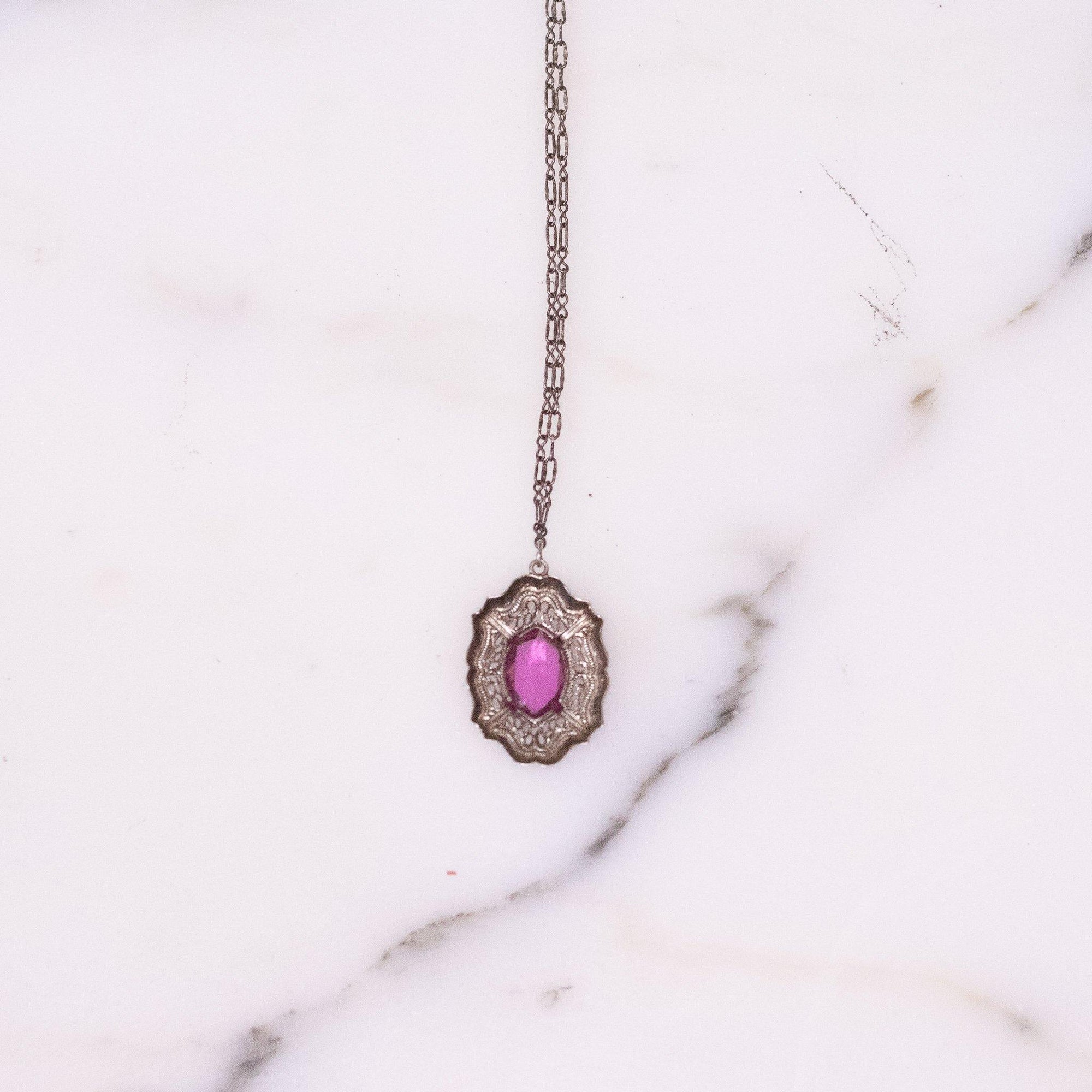 Vintage Sterling Silver Art Deco Vintage Necklace with Pink Crystal with Filigree Setting by Hallmarked Sterling - Vintage Meet Modern Vintage Jewelry - Chicago, Illinois - #oldhollywoodglamour #vintagemeetmodern #designervintage #jewelrybox #antiquejewelry #vintagejewelry