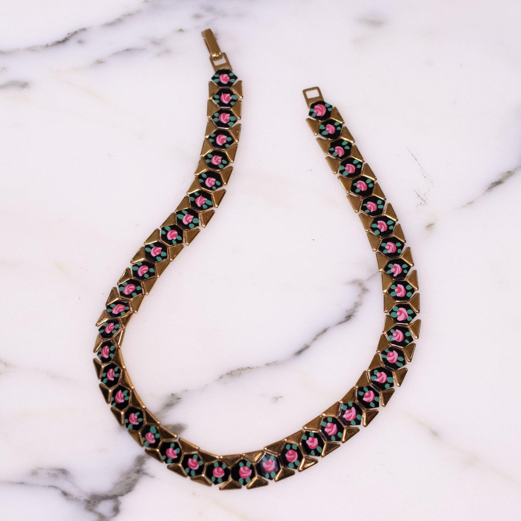 Vintage Gold Tone with Pink and Black Guioche Choker Necklace by Unsigned Beauty - Vintage Meet Modern Vintage Jewelry - Chicago, Illinois - #oldhollywoodglamour #vintagemeetmodern #designervintage #jewelrybox #antiquejewelry #vintagejewelry