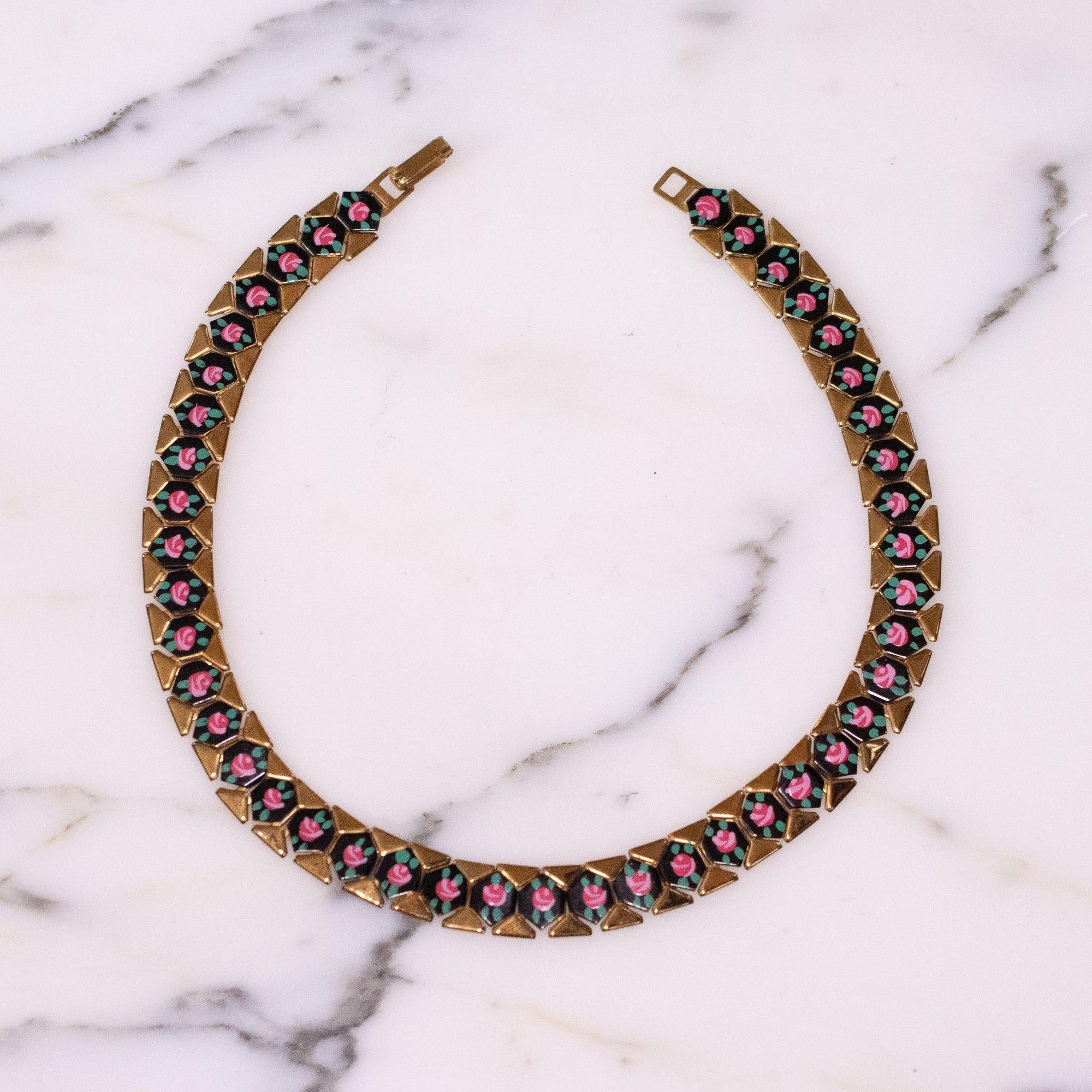 Vintage Gold Tone with Pink and Black Guioche Choker Necklace by Unsigned Beauty - Vintage Meet Modern Vintage Jewelry - Chicago, Illinois - #oldhollywoodglamour #vintagemeetmodern #designervintage #jewelrybox #antiquejewelry #vintagejewelry