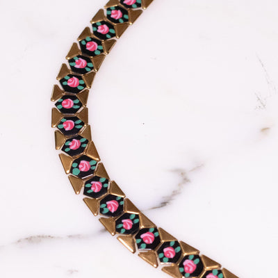 Vintage Gold Tone with Pink and Black Guioche Choker Necklace by Unsigned Beauty - Vintage Meet Modern Vintage Jewelry - Chicago, Illinois - #oldhollywoodglamour #vintagemeetmodern #designervintage #jewelrybox #antiquejewelry #vintagejewelry