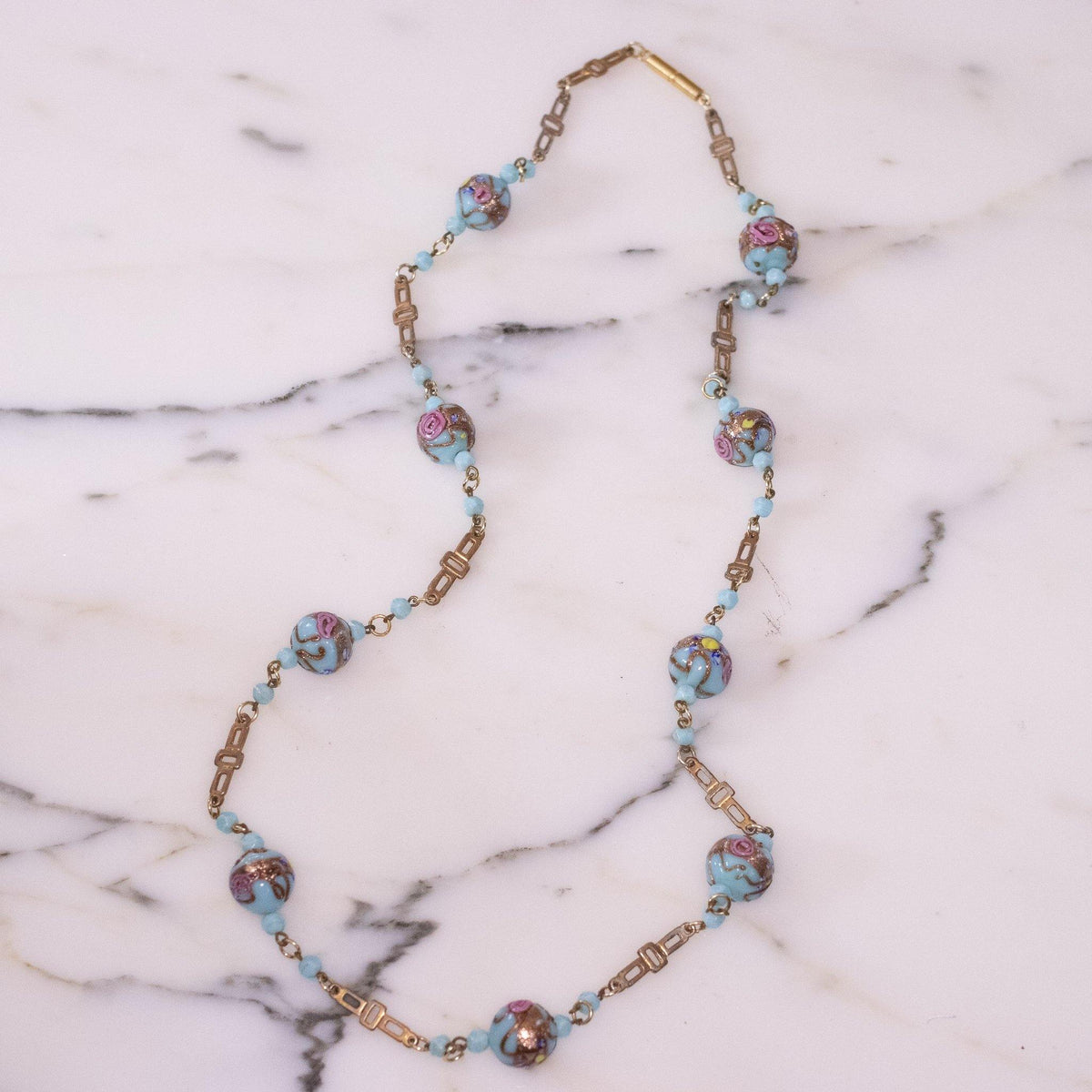 Vintage Turquoise Venetian Glass Wedding Cake Bead Necklace