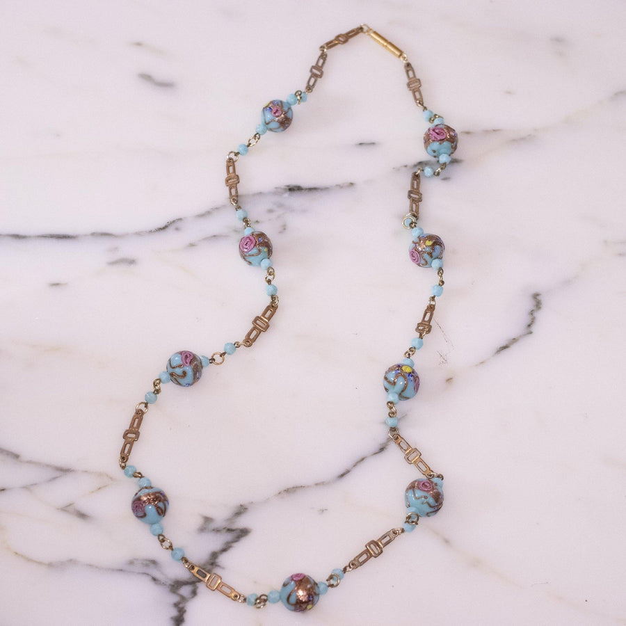 Vintage Turquoise Venetian Glass Wedding Cake Bead Necklace by Made in Italy - Vintage Meet Modern Vintage Jewelry - Chicago, Illinois - #oldhollywoodglamour #vintagemeetmodern #designervintage #jewelrybox #antiquejewelry #vintagejewelry